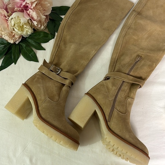 NWT Free People Jasper OTK Boots Suede Tan Block Heel Buckle Strap Boots - Picture 4 of 8
